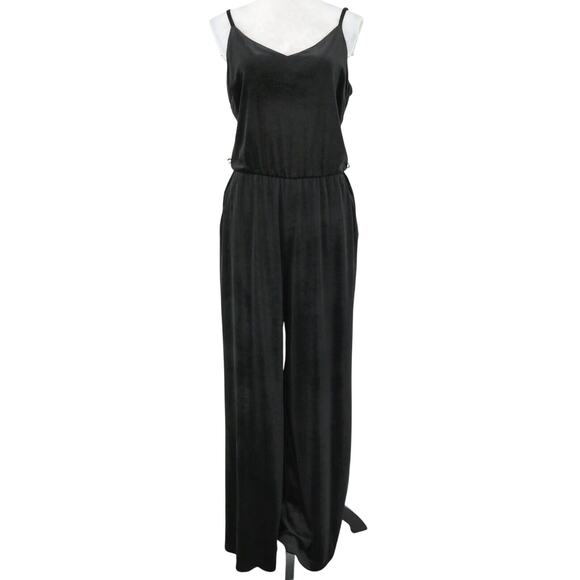 Sanctuary Jumpsuit Womens XL Black Velour Stretch Knit Pockets Strappy New - Picture 1 of 15